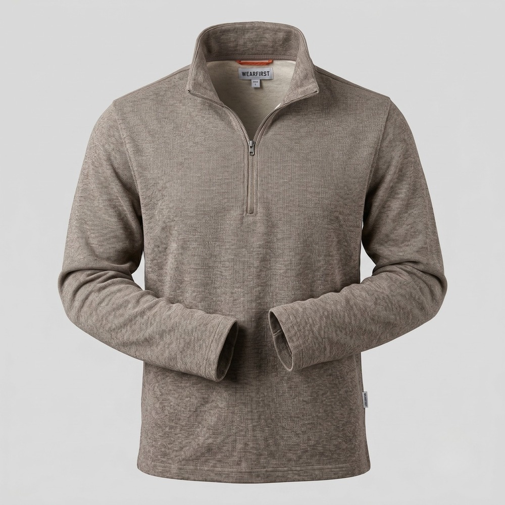 Wearfirst Mens L Brown Quarter Zip Pullover Sweater Marled Fleece Mock Neck‎ 179